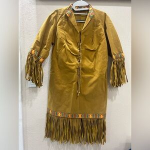 Vintage Handmade Fringed Native American Dress with Patterned Trim. Faux Suede